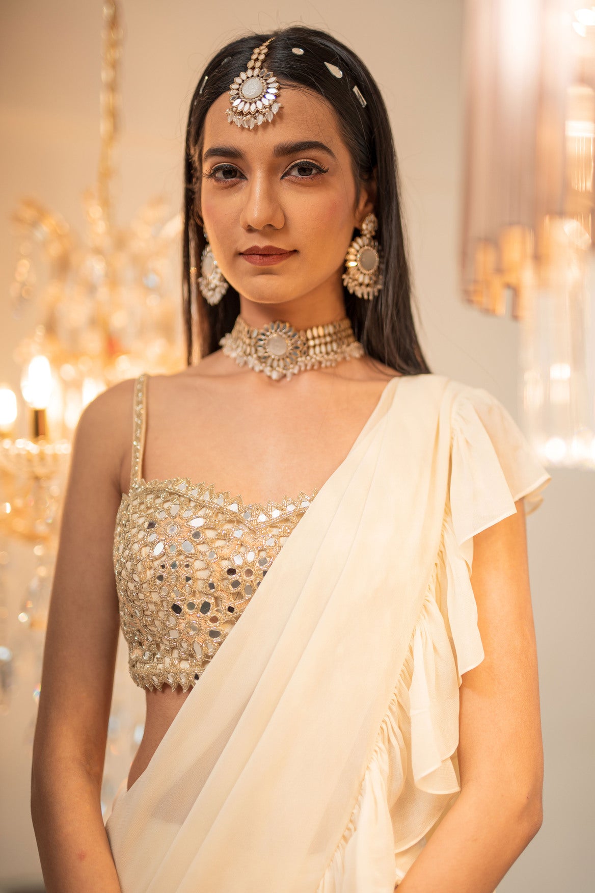 Cream Pre-Draped Ruffle Saree Set