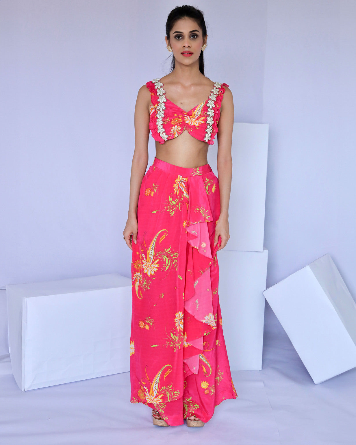 Embroidered Pink Paisley Print Dhoti Pant Set