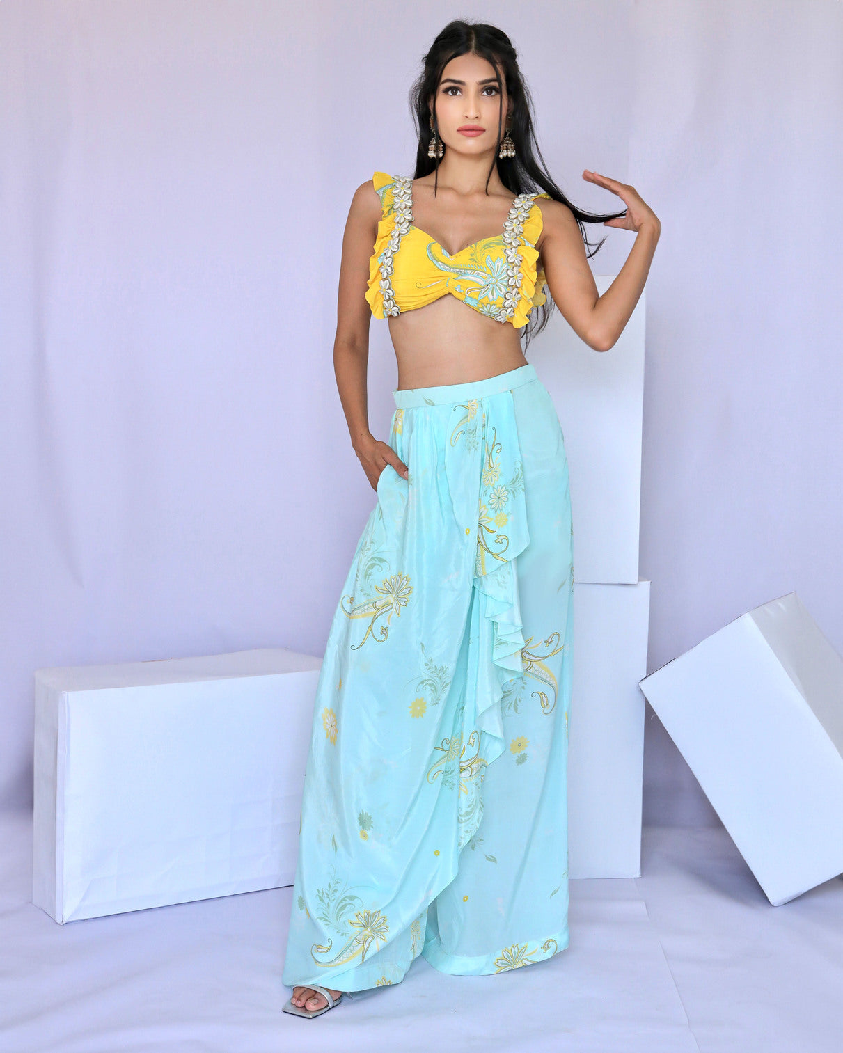 Embroidered Yellow Paisley Print Dhoti Pant Set (S)