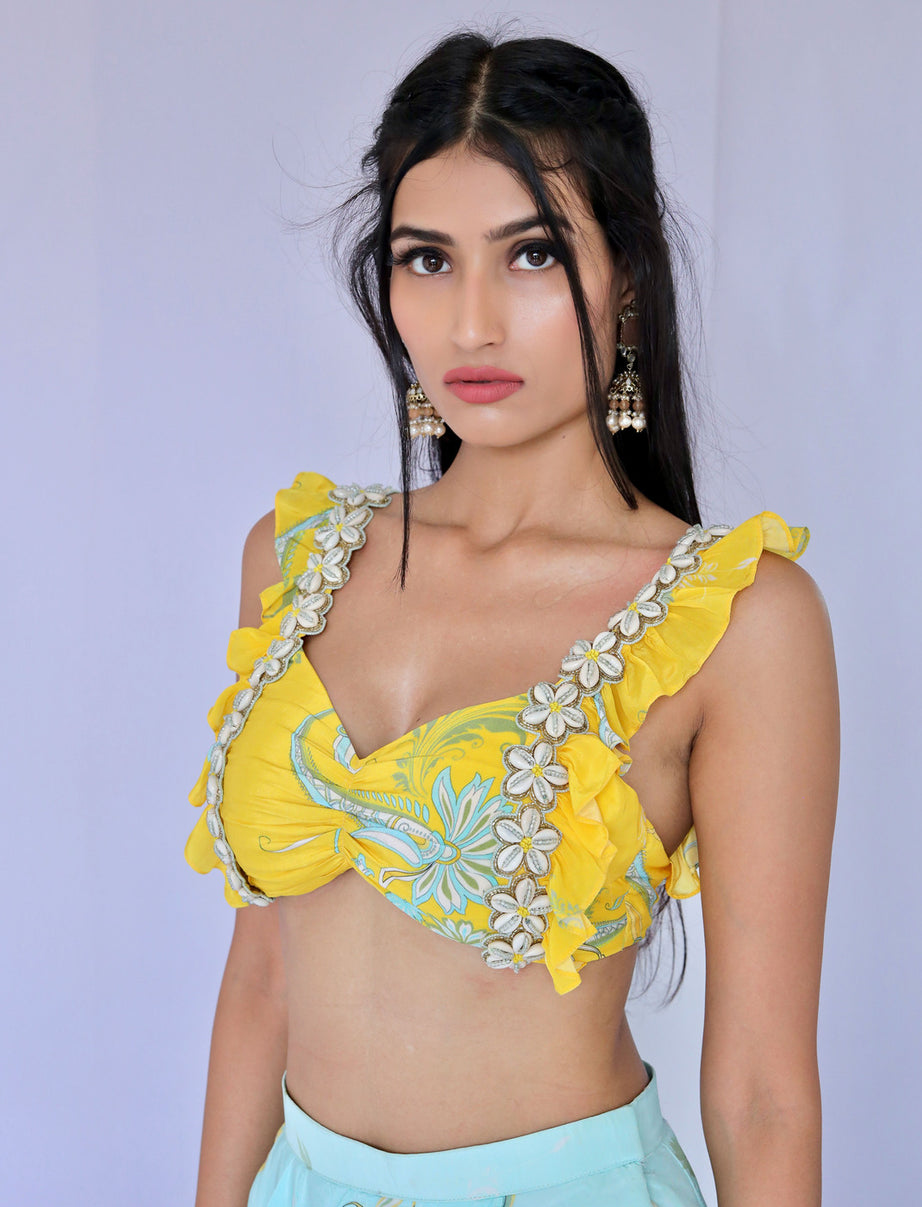 Embroidered Yellow Paisley Print Dhoti Pant Set (S)