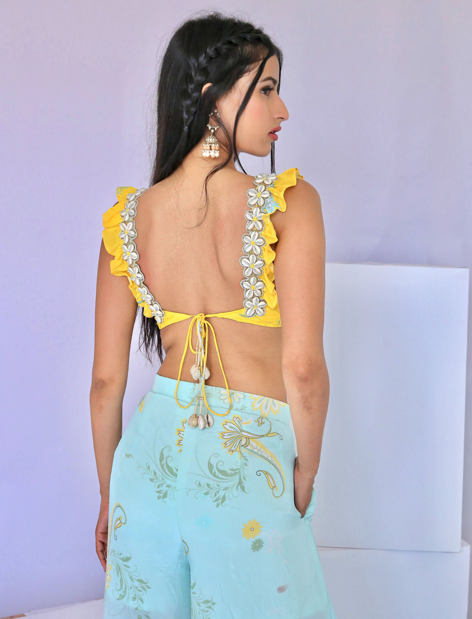 Embroidered Yellow Paisley Print Dhoti Pant Set (S)