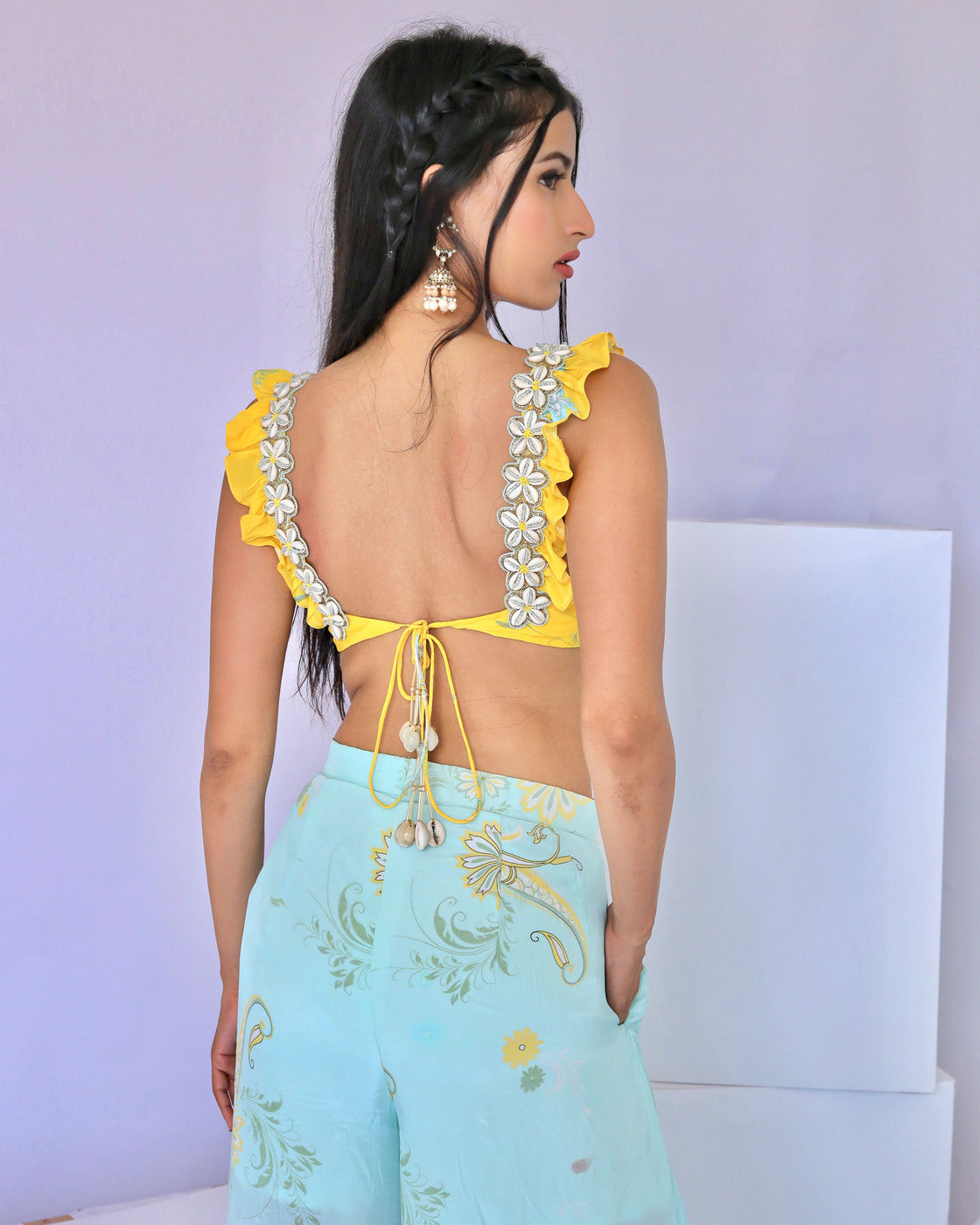 Embroidered Yellow Paisley Print Dhoti Pant Set (S)