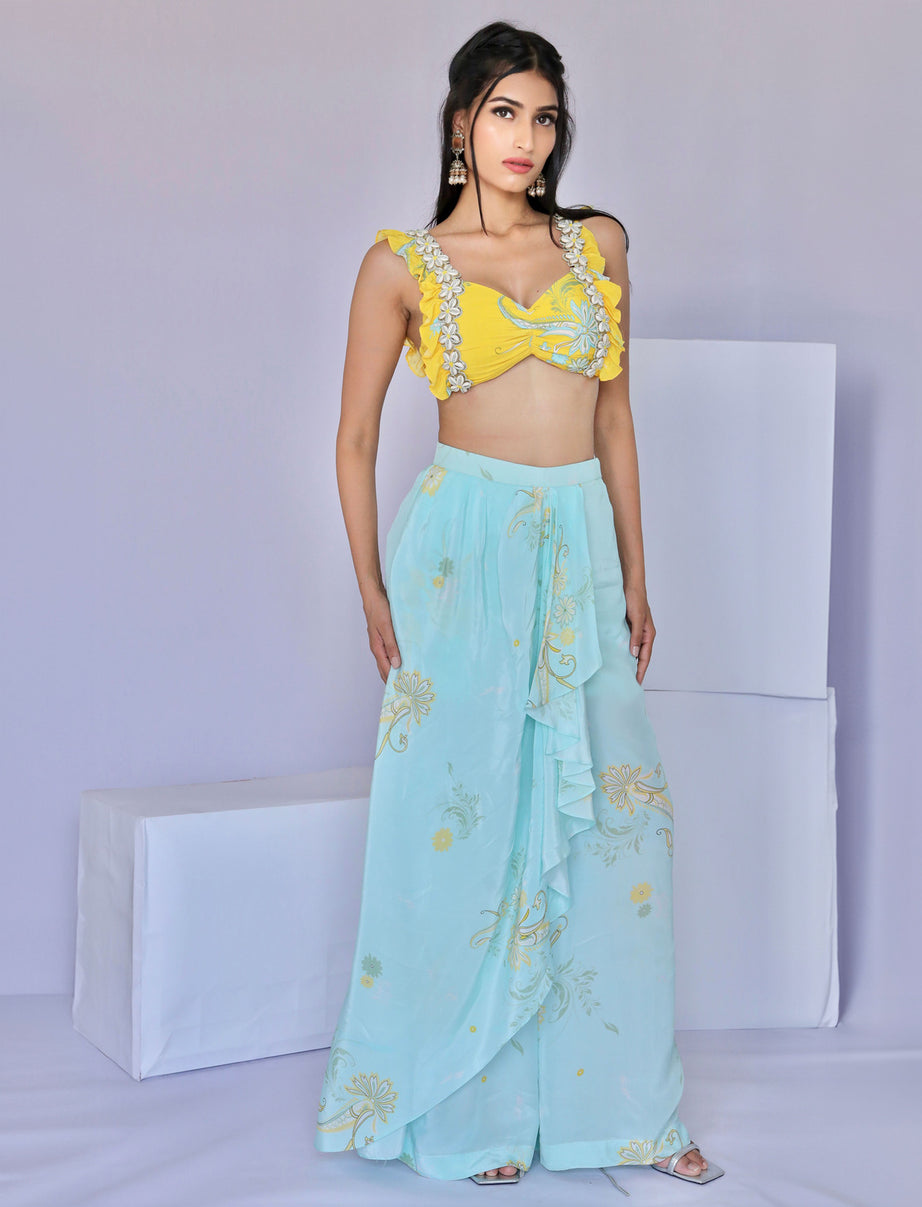 Embroidered Yellow Paisley Print Dhoti Pant Set (S)
