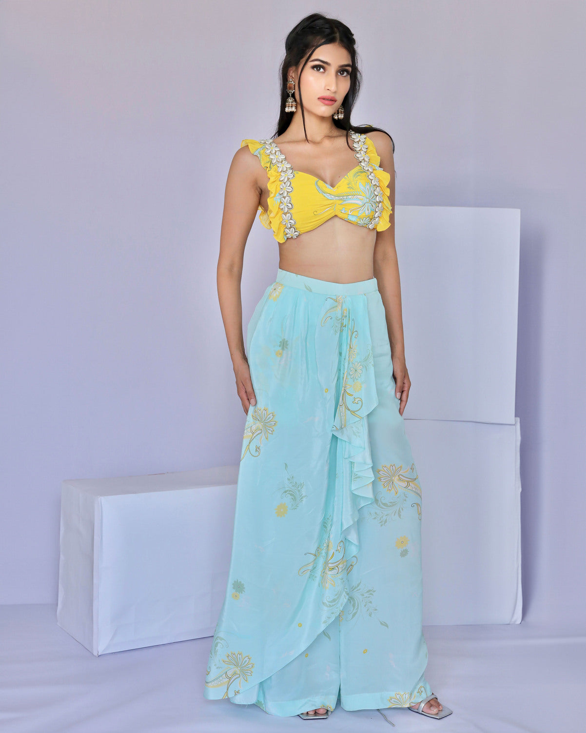 Embroidered Yellow Paisley Print Dhoti Pant Set (S)