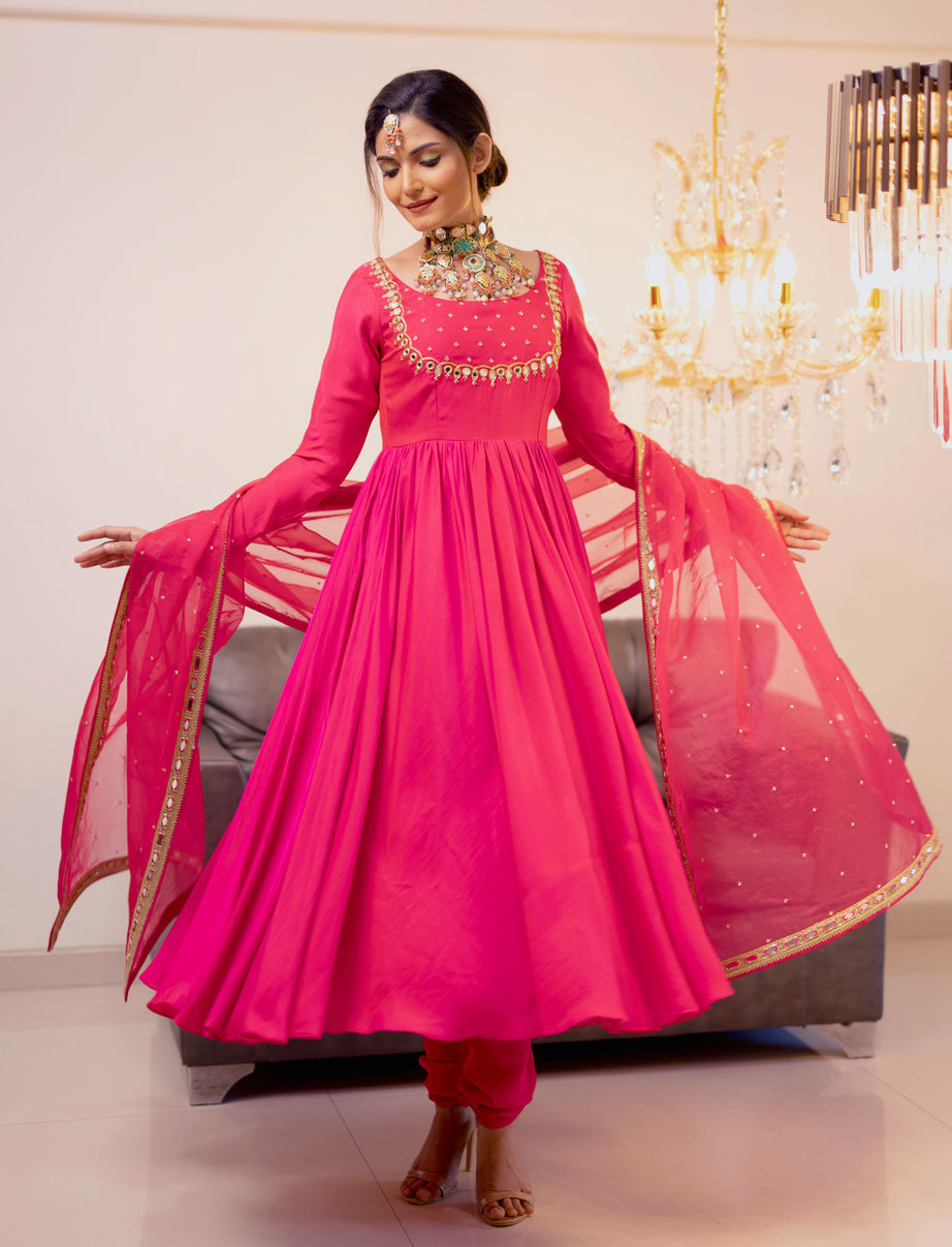 Magenta Gathered Kurta Set