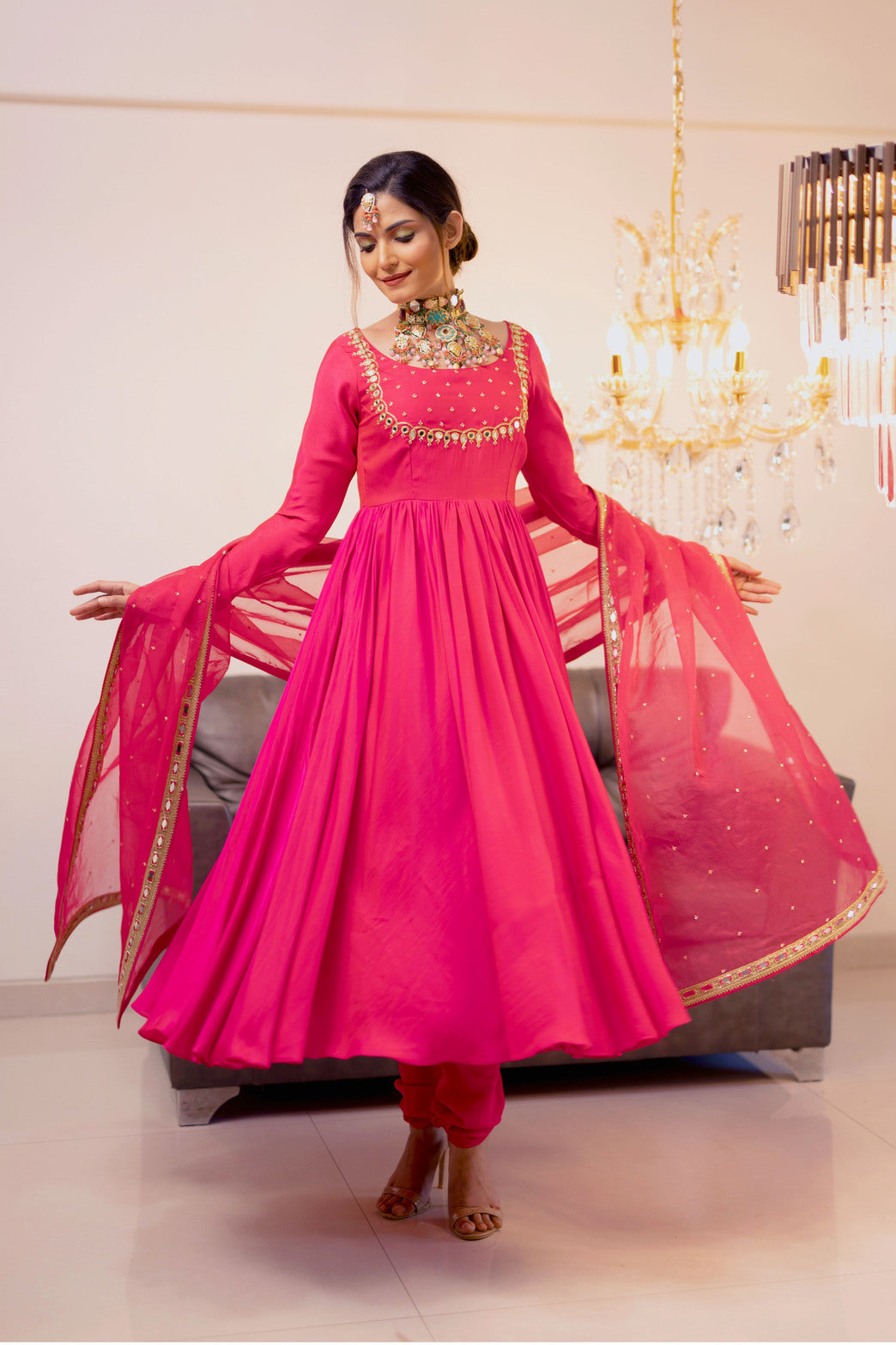 Magenta Gathered Kurta Set