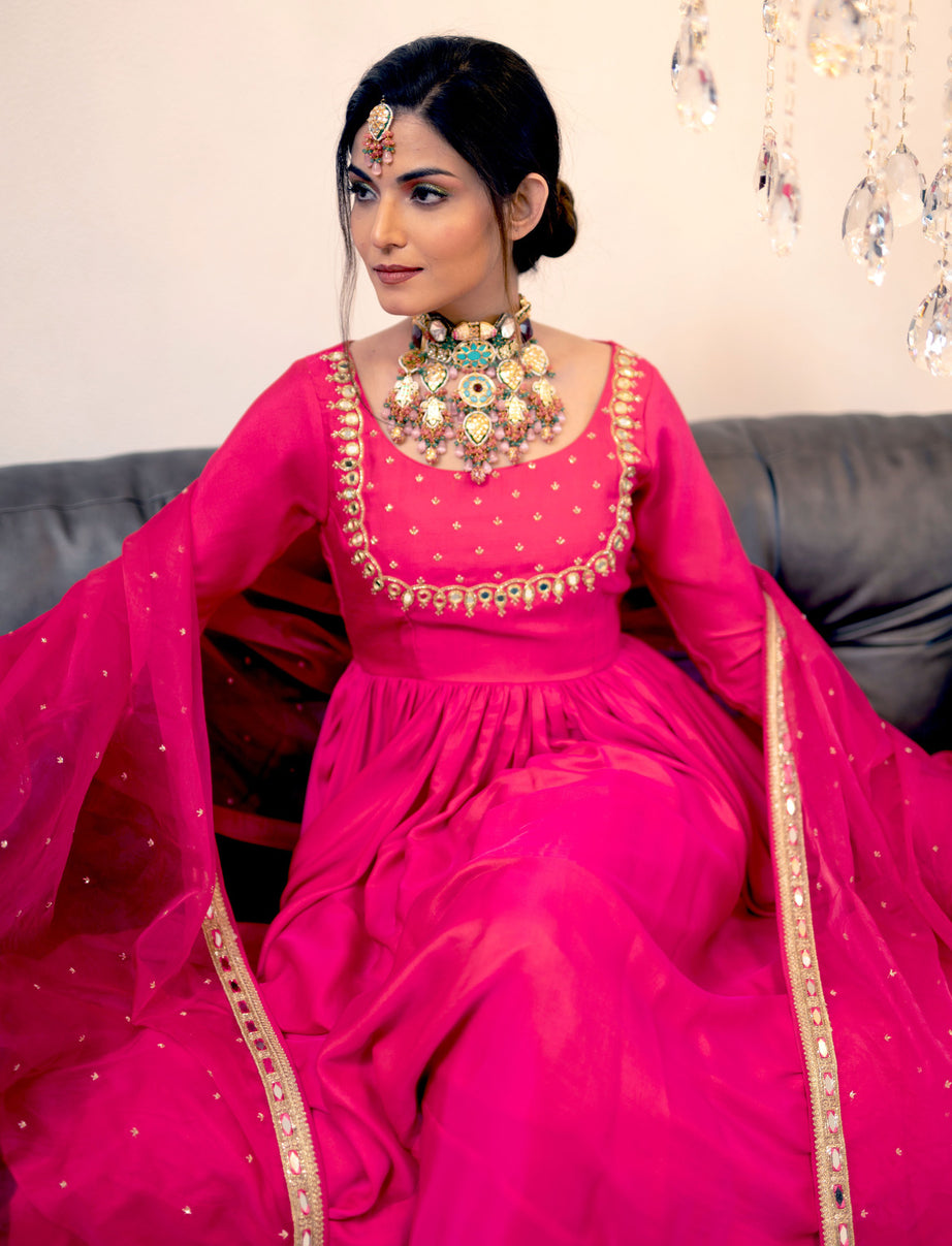 Magenta Gathered Kurta Set