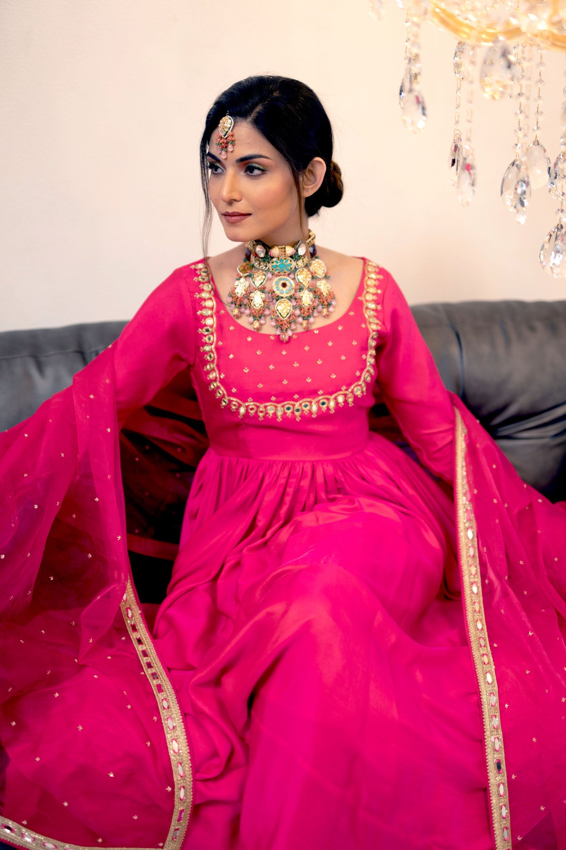 Magenta Gathered Kurta Set