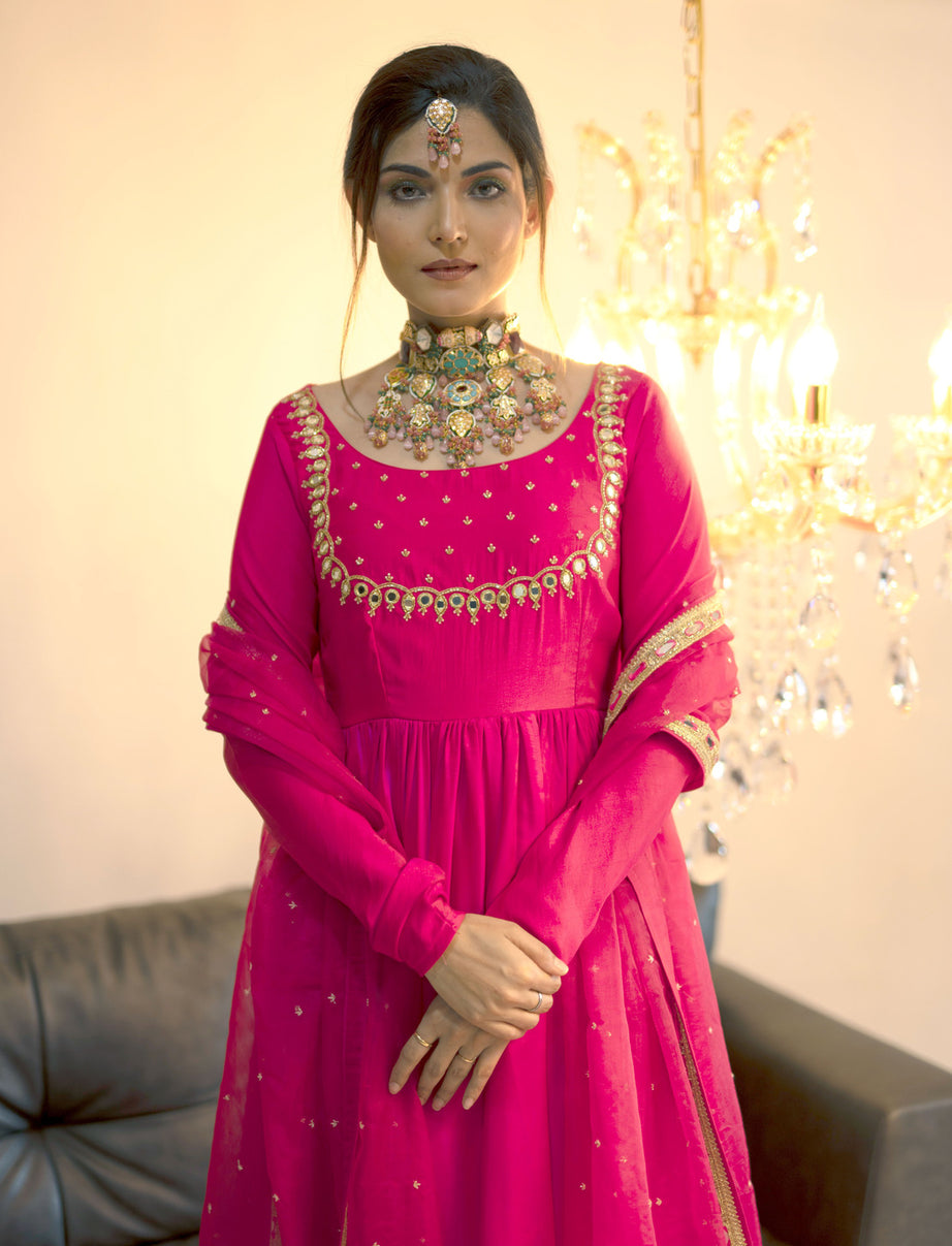 Magenta Gathered Kurta Set