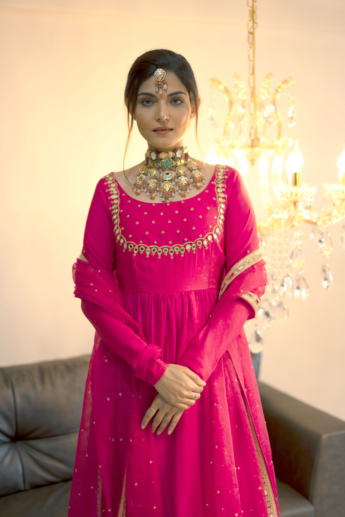 Magenta Gathered Kurta Set