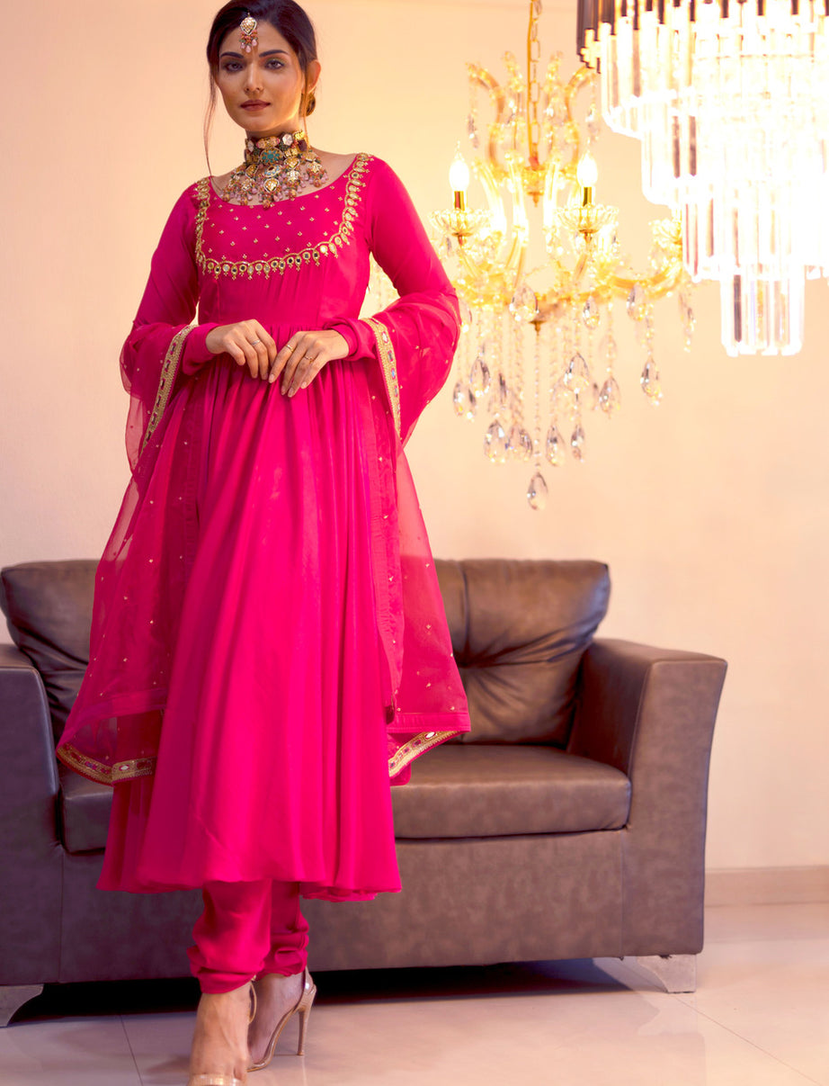 Magenta Gathered Kurta Set