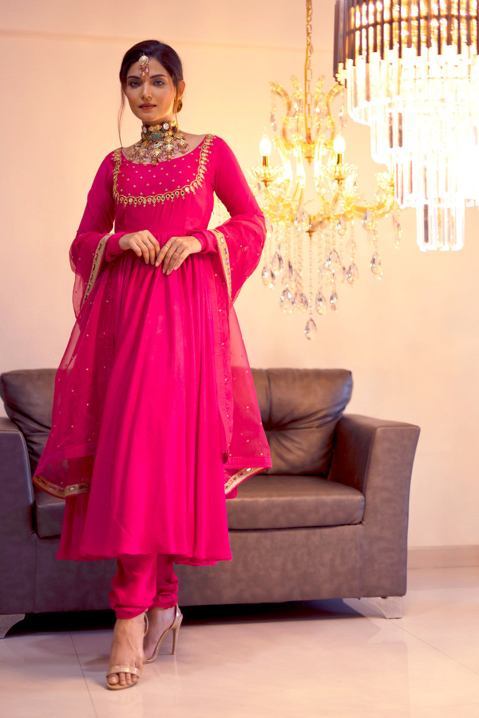 Magenta Gathered Kurta Set