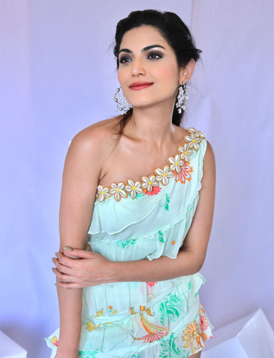 One Shoulder Cream Embroidered Ruffle Dress