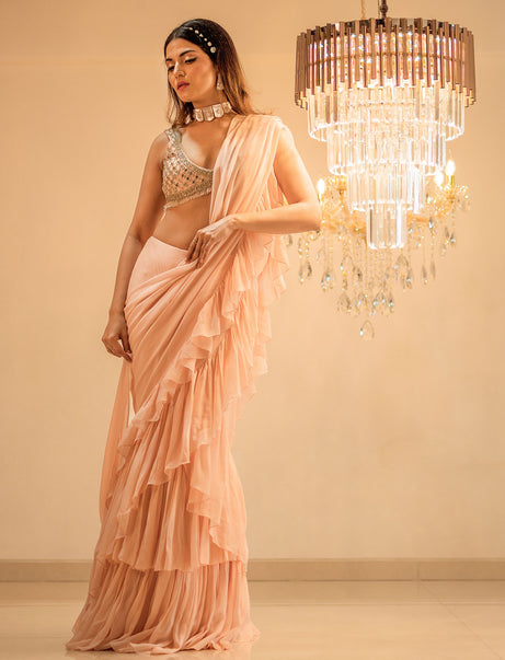 Pink Pre-Draped Ruffle Saree Set