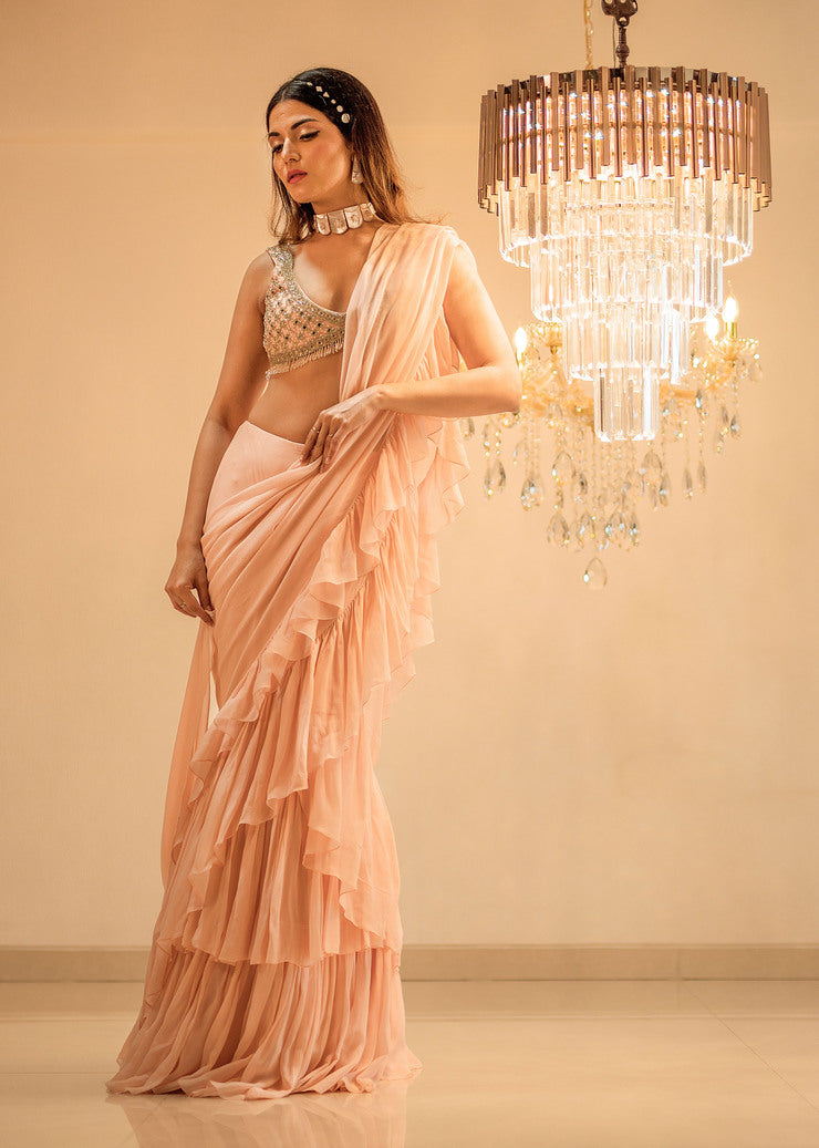 Pink Pre-Draped Ruffle Saree Set