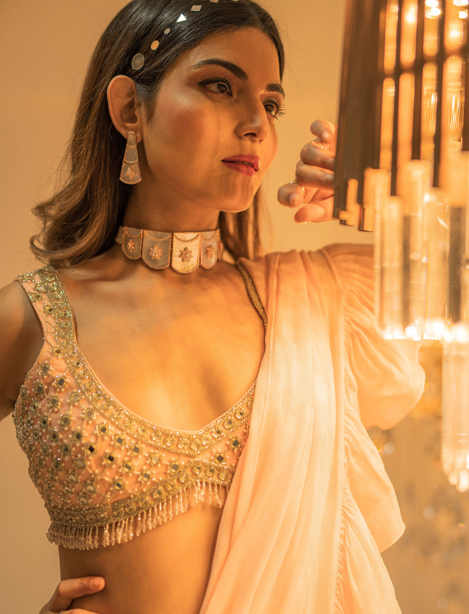 Pink Pre-Draped Ruffle Saree Set