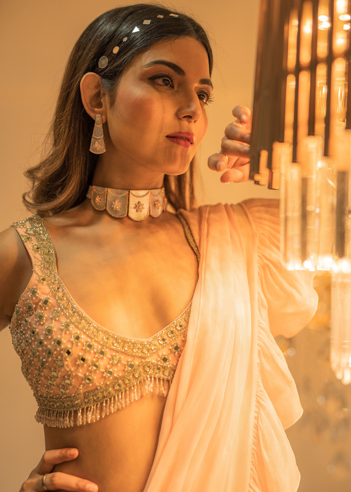 Pink Pre-Draped Ruffle Saree Set