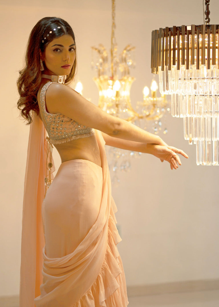 Pink Pre-Draped Ruffle Saree Set