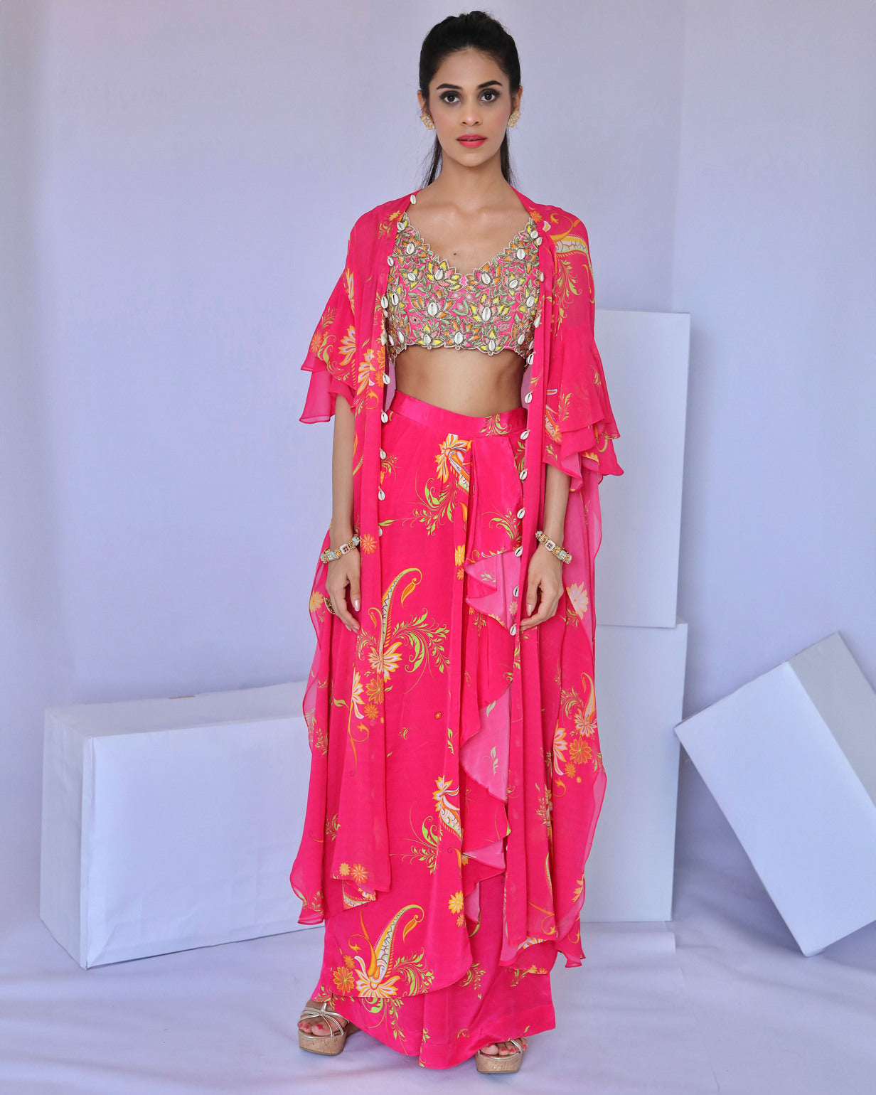 Pink Printed Dhoti Pant with Cape Set