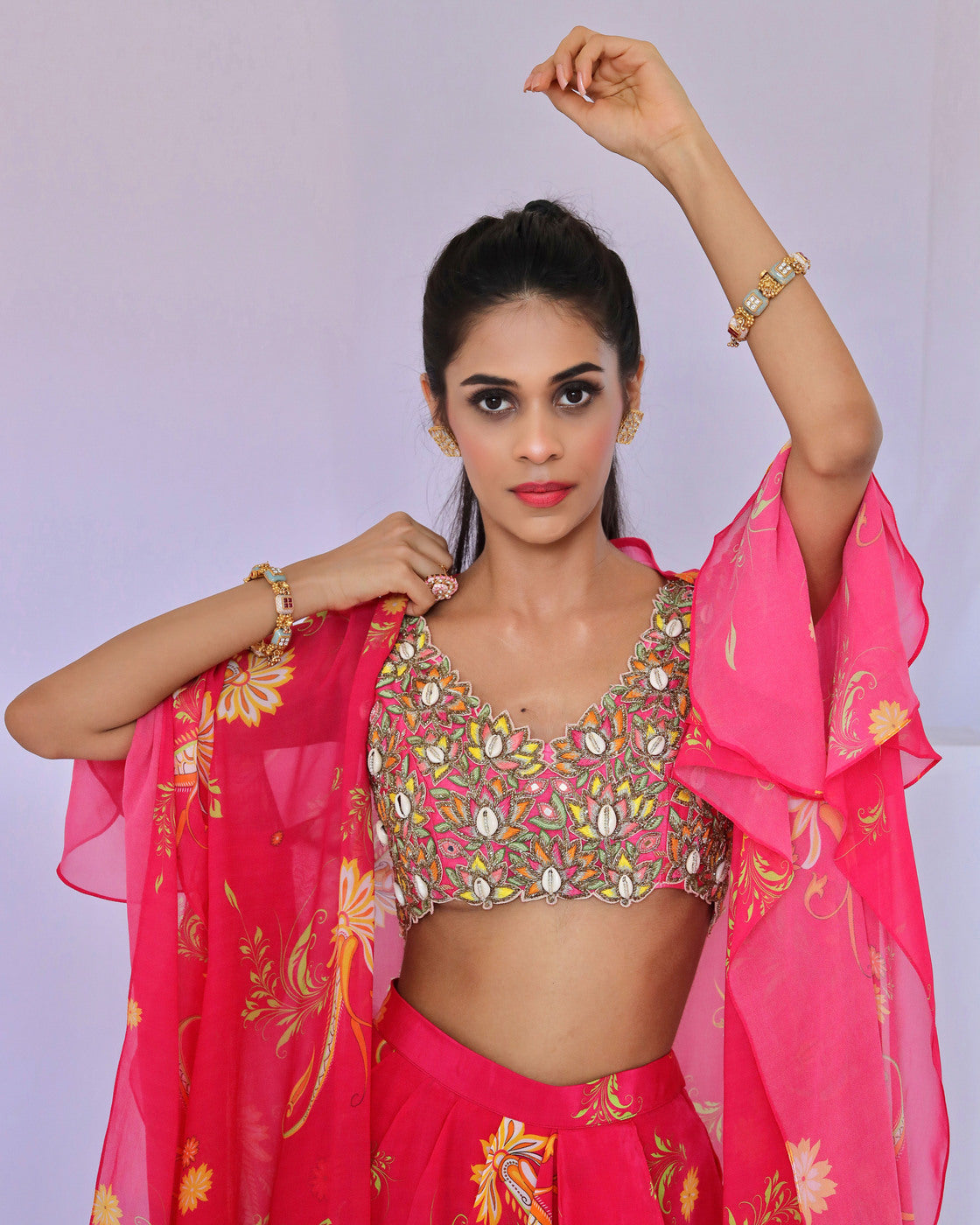 Pink Printed Dhoti Pant with Cape Set