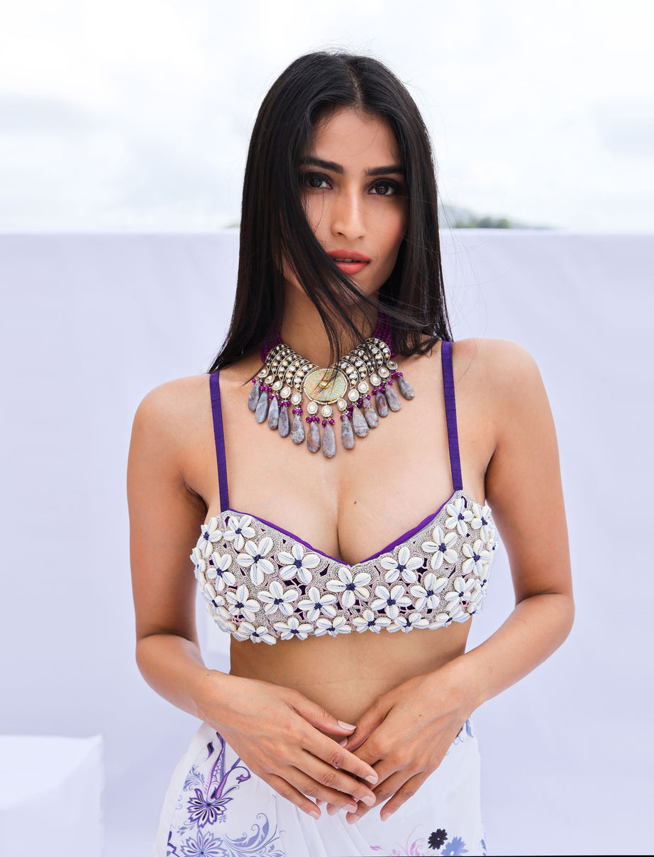 Purple Cowrie Embroidered Bralette Skirt Set