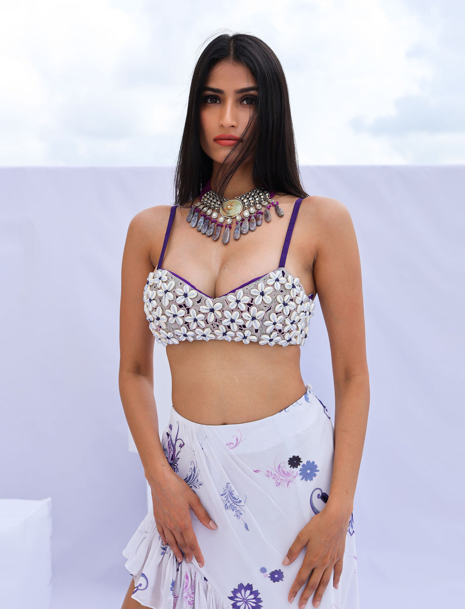 Purple Cowrie Embroidered Bralette Skirt Set