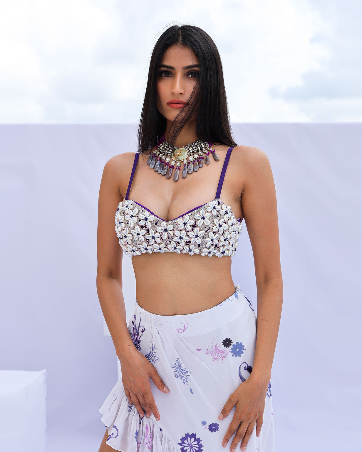 Purple Cowrie Embroidered Bralette Skirt Set