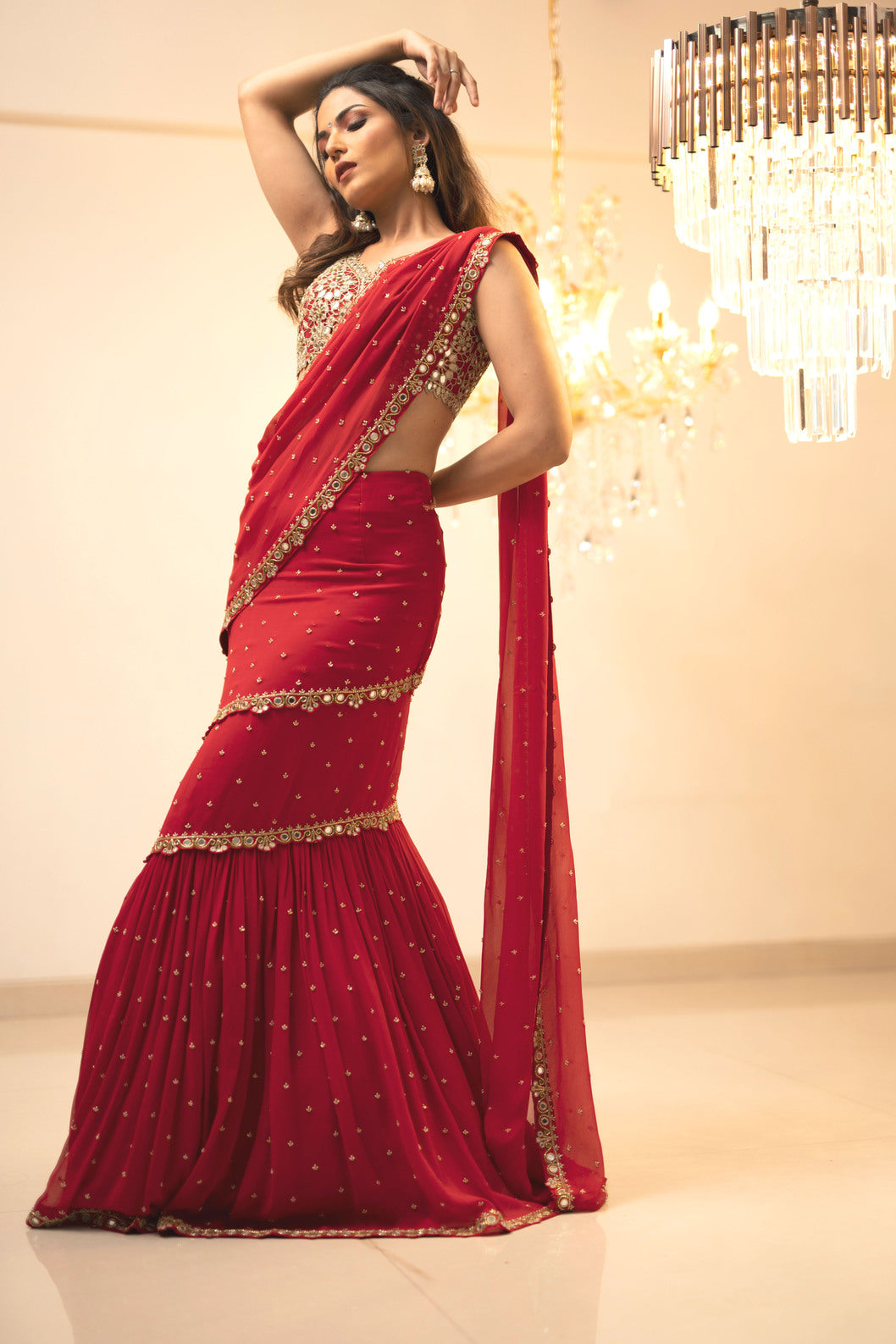 Red Pre-Draped Mumtaz Saree Set