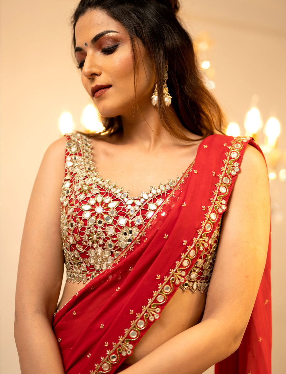 Red Pre-Draped Mumtaz Saree Set