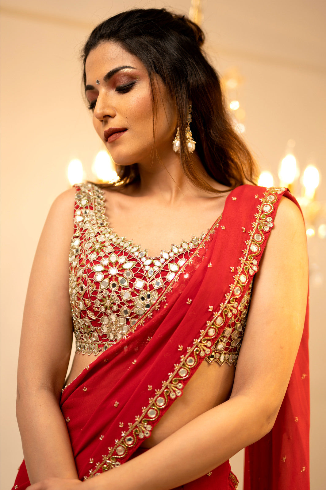 Red Pre-Draped Mumtaz Saree Set