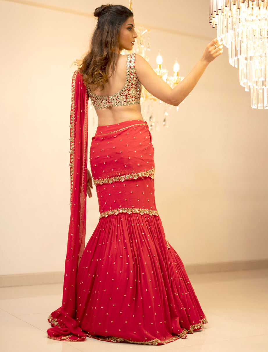 Red Pre-Draped Mumtaz Saree Set