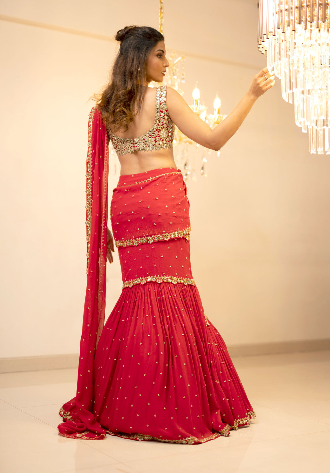 Red Pre-Draped Mumtaz Saree Set