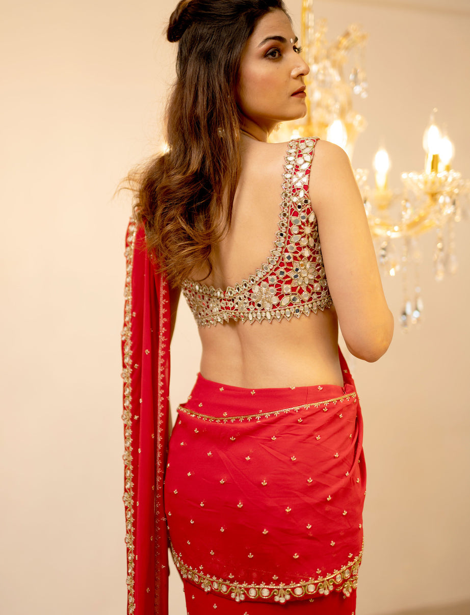 Red Pre-Draped Mumtaz Saree Set