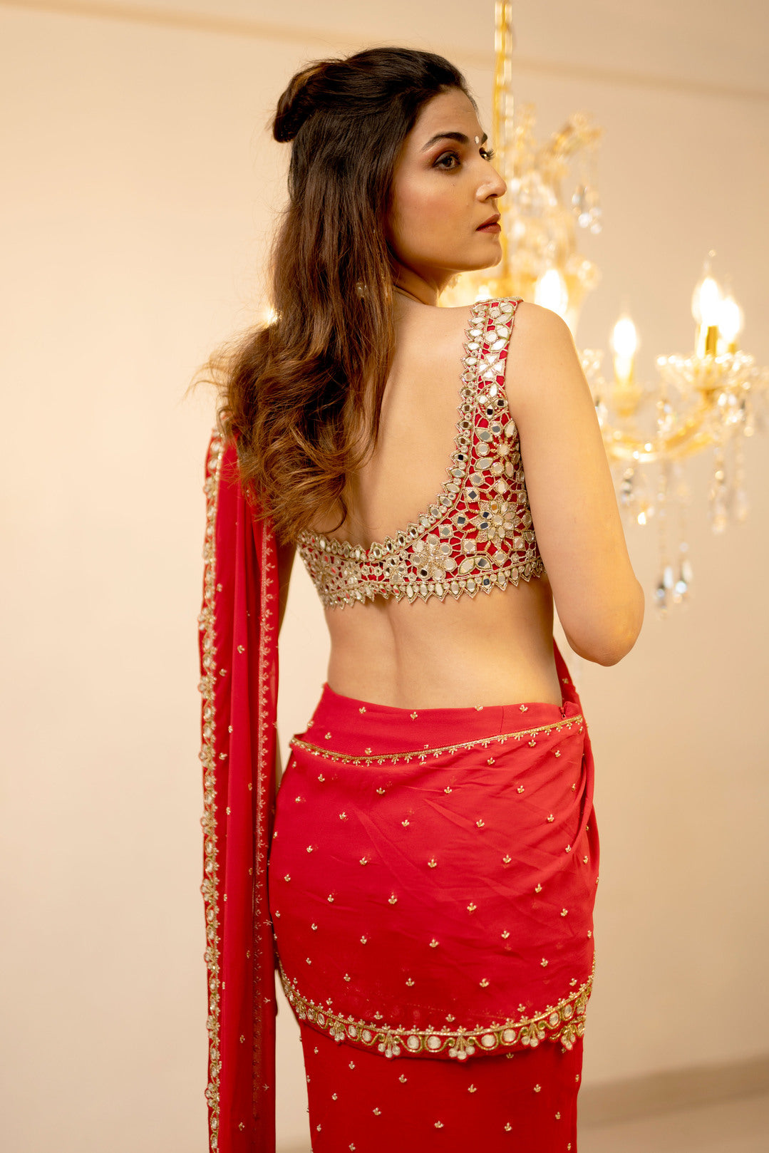 Red Pre-Draped Mumtaz Saree Set