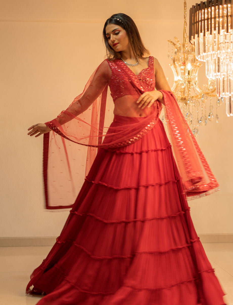 Red Tiered Mirror Work Lehenga Set