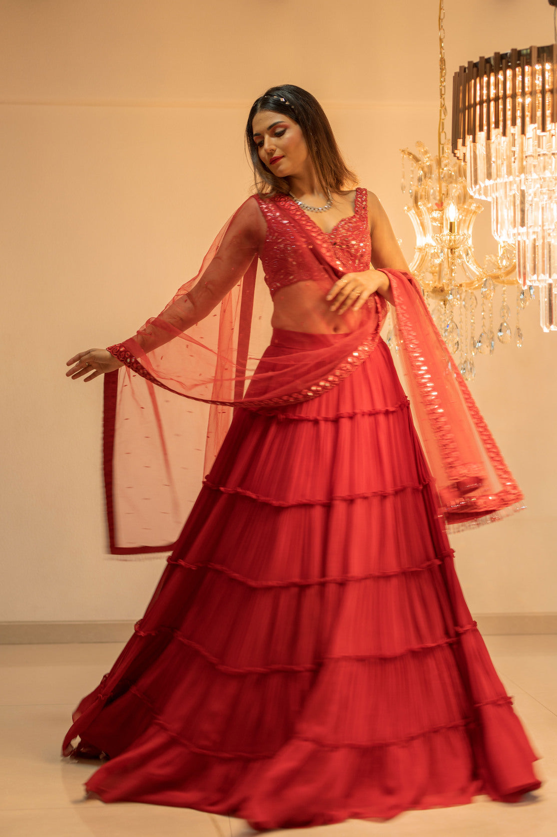 Red Tiered Mirror Work Lehenga Set