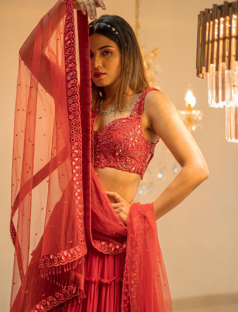 Red Tiered Mirror Work Lehenga Set