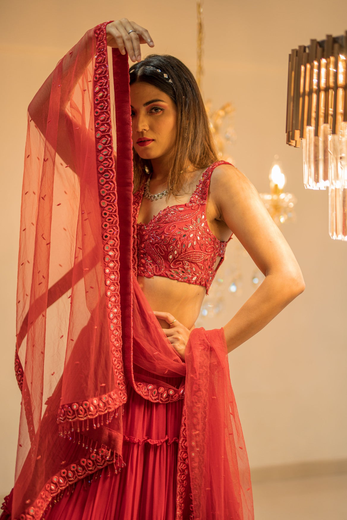 Red Tiered Mirror Work Lehenga Set