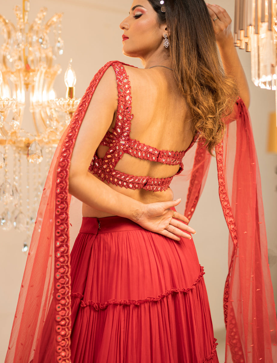 Red Tiered Mirror Work Lehenga Set