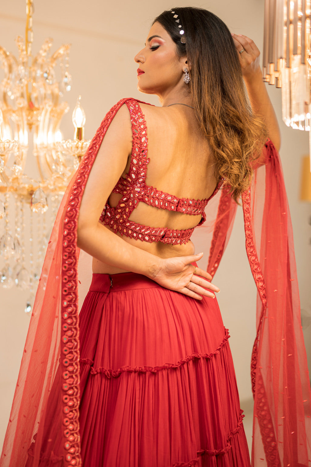 Red Tiered Mirror Work Lehenga Set