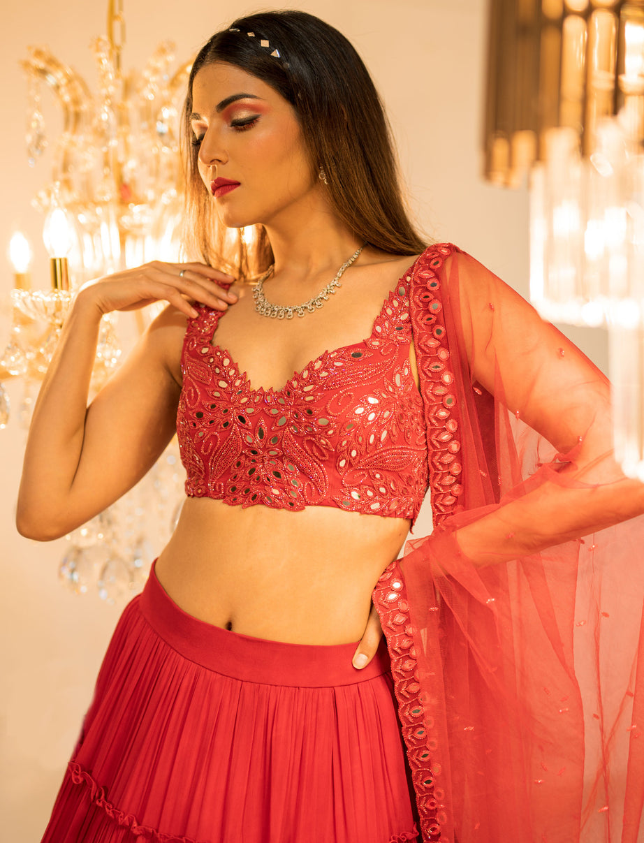 Red Tiered Mirror Work Lehenga Set
