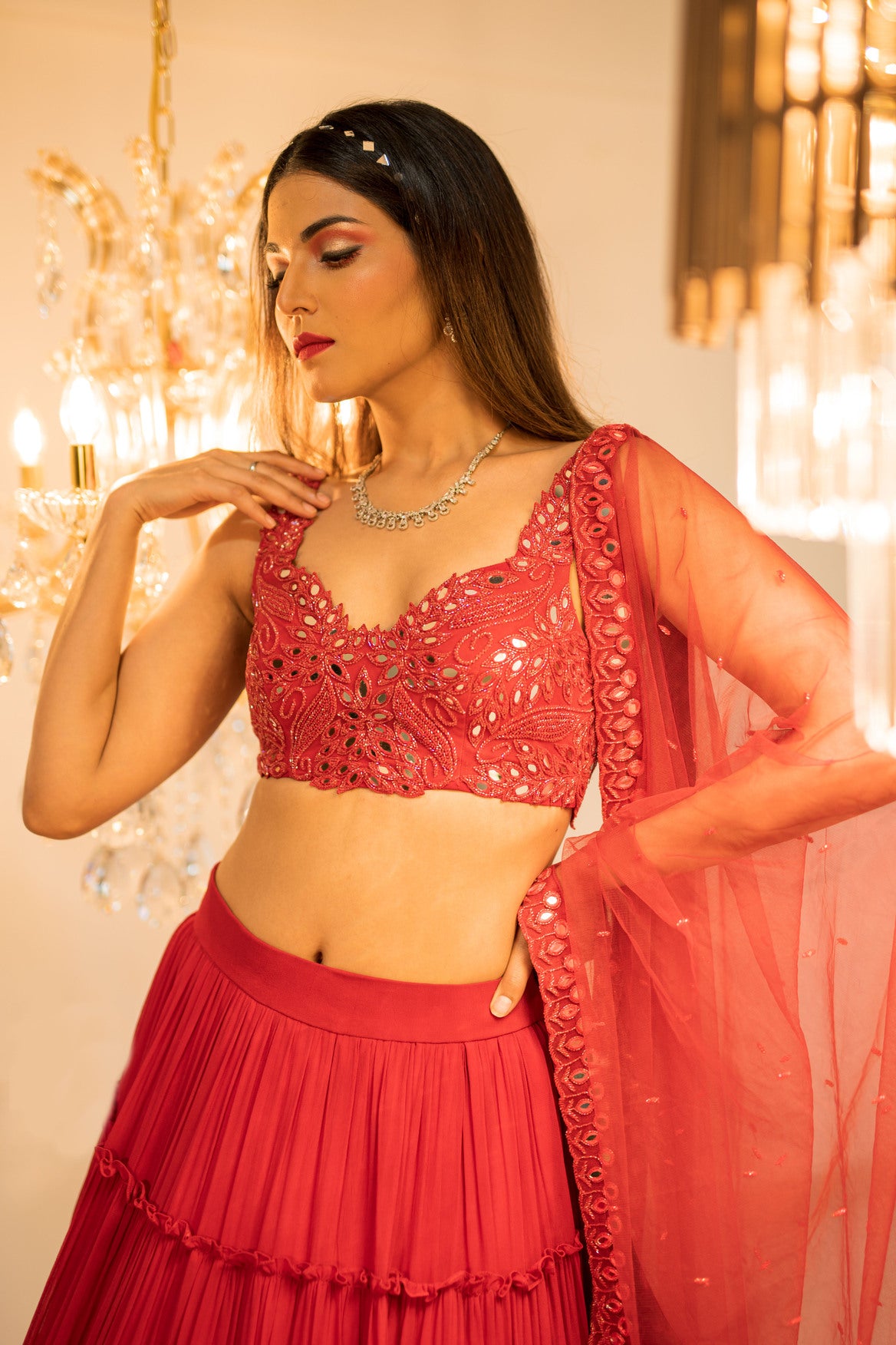 Red Tiered Mirror Work Lehenga Set