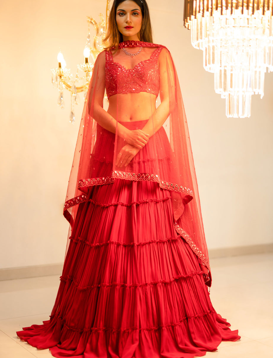 Red Tiered Mirror Work Lehenga Set