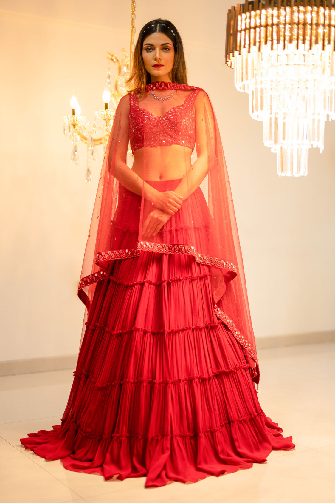 Red Tiered Mirror Work Lehenga Set