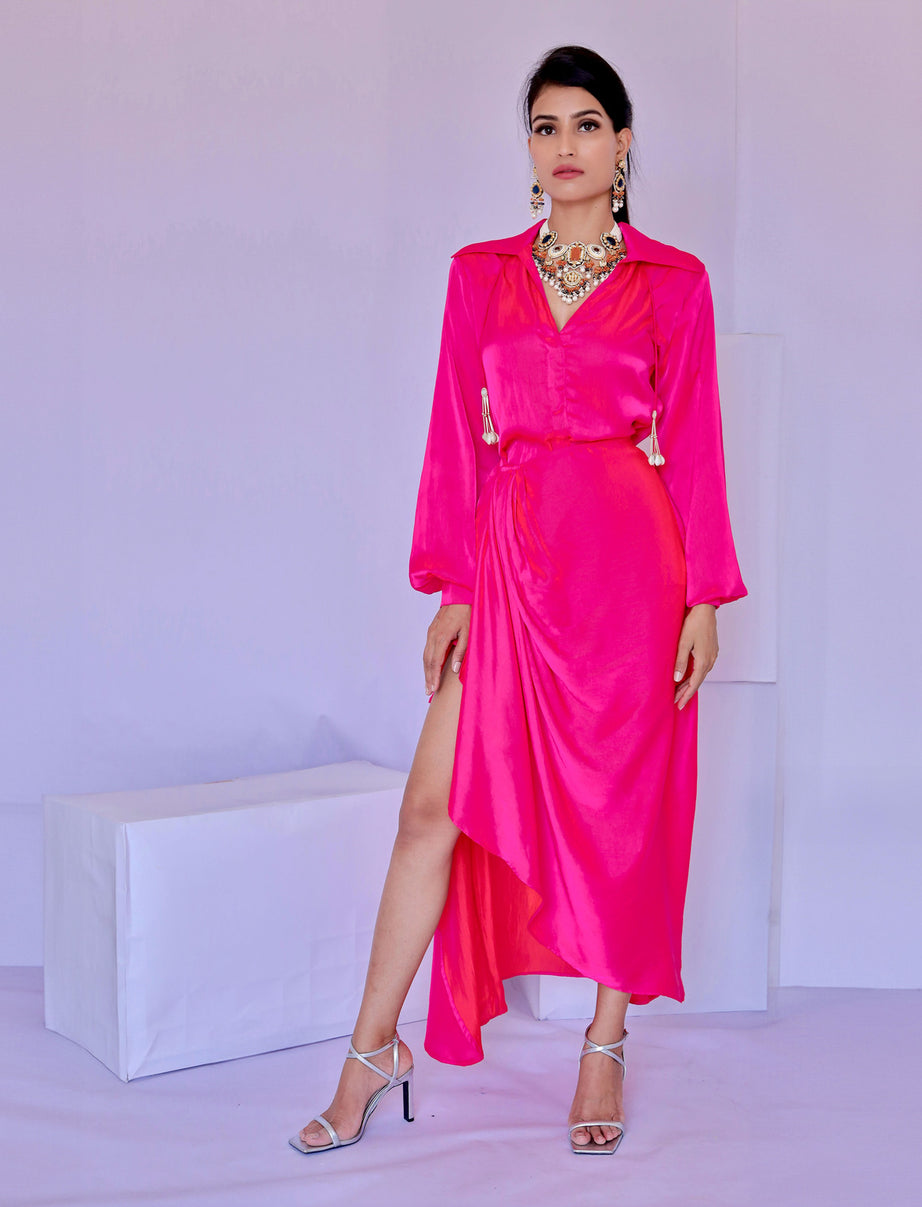 Solid Pink Wrap Dress (S)