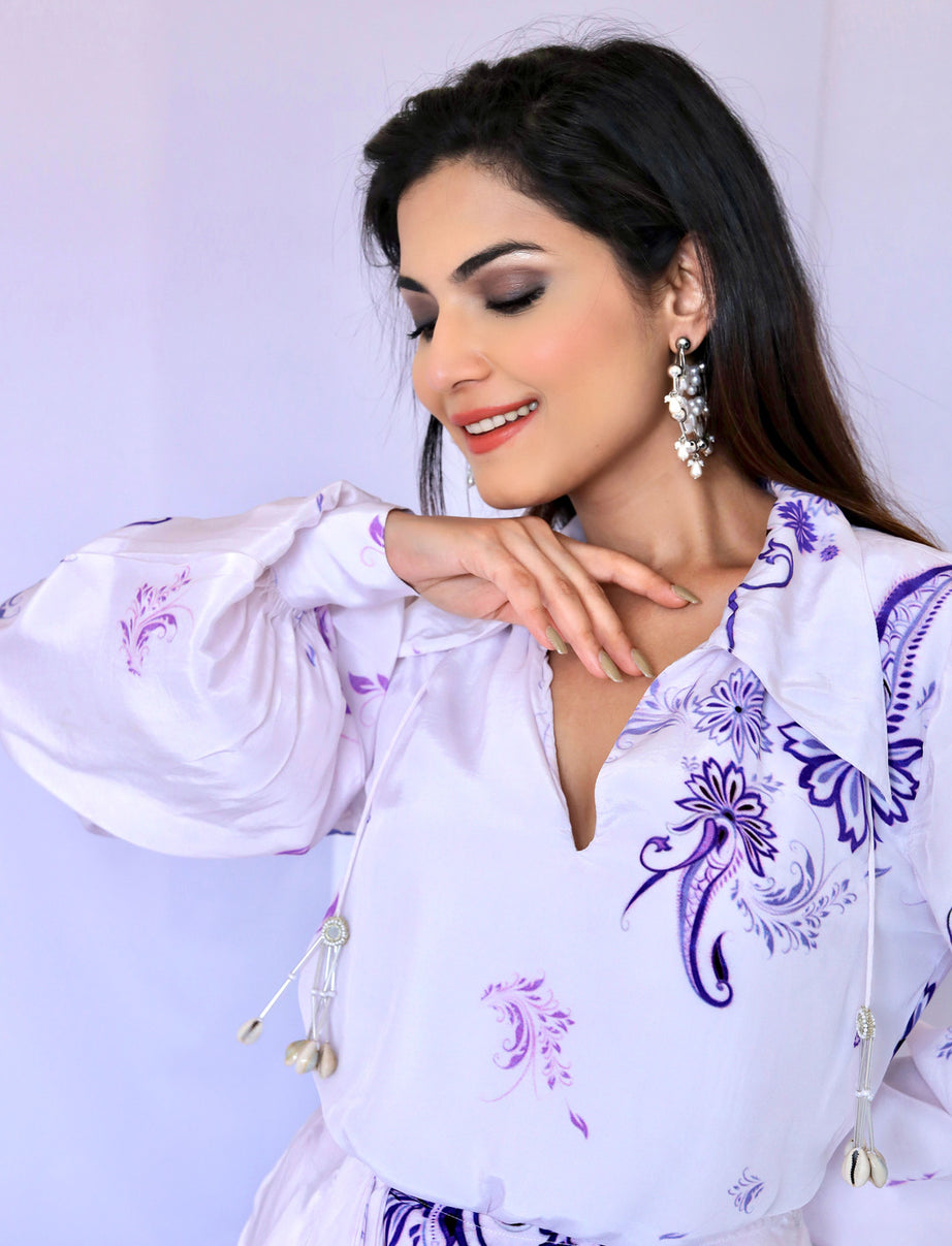 White & Purple Paisley Print Wrap Dress (Offer)