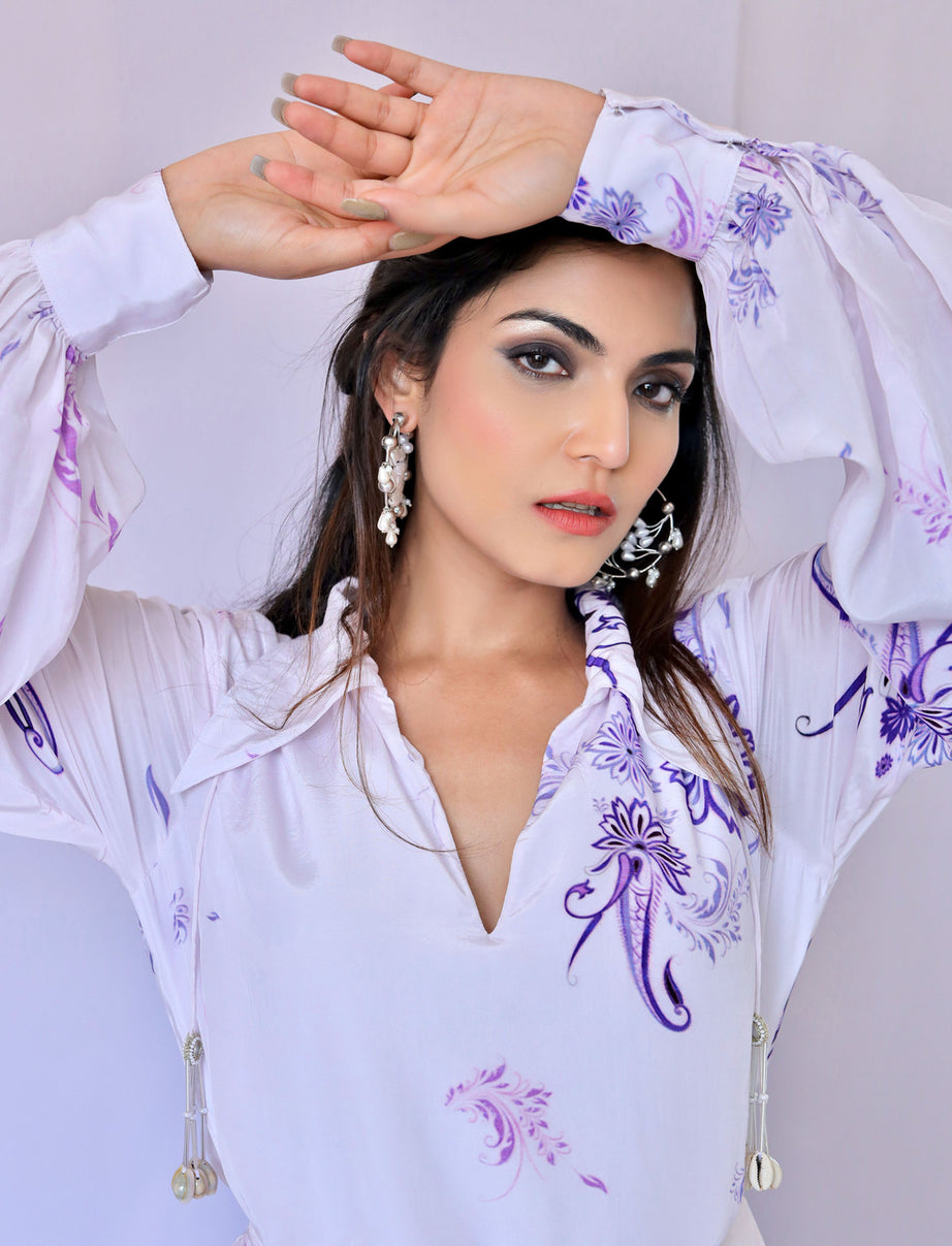 White & Purple Paisley Print Wrap Dress (Offer)