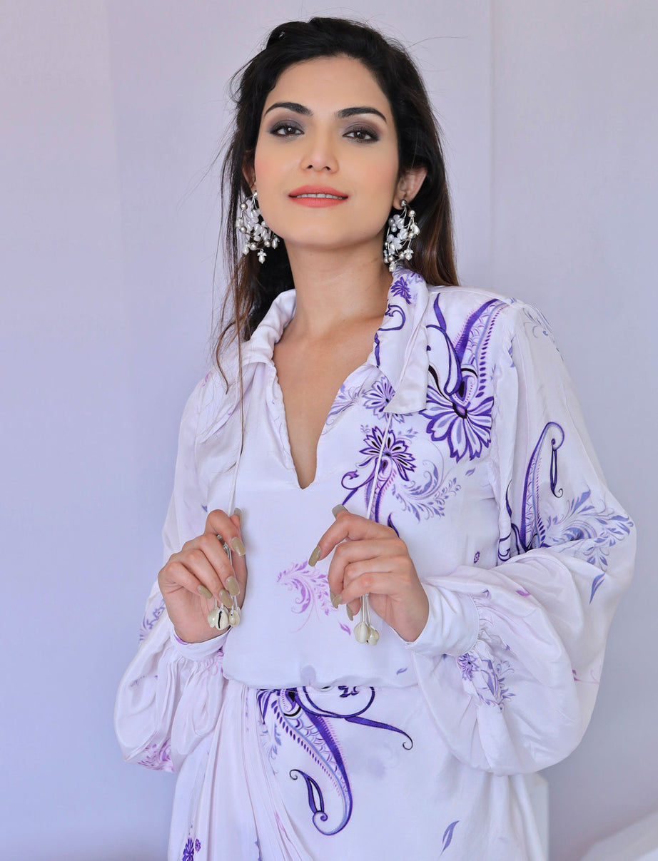 White & Purple Paisley Print Wrap Dress (Offer)