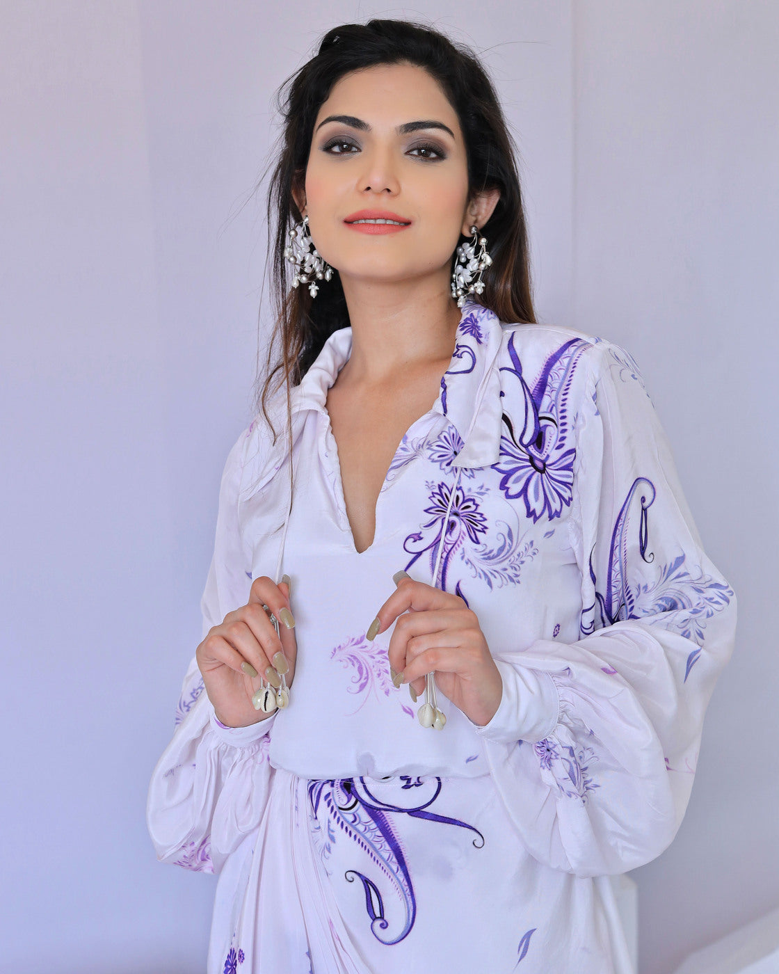 White & Purple Paisley Print Wrap Dress (Offer)