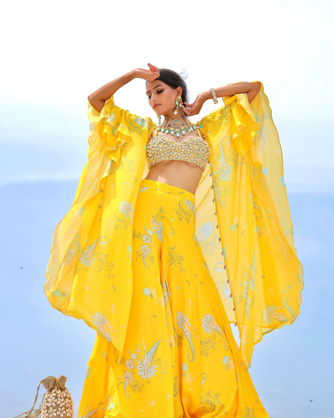 Yellow Cowrie Embroidered Cape Sharara Set